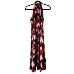 Banana Republic Silky Twill Ikat Halter Midi Dress Pink Maroon Size 4 Sleeveless